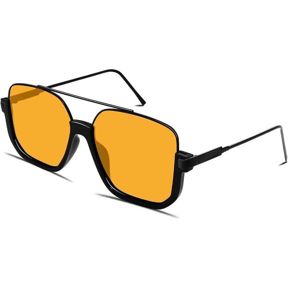 Unisex Black Frame + Yellow Lens Oversized Aviator Sunglasses for Square